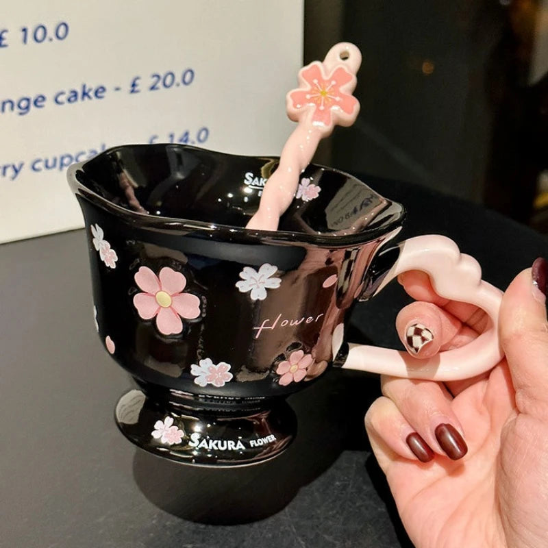 Sakura Ceramic Mug with Spoon 3D Flower Relief Cute Kawaii Pink Cup for Home Office Desk Valentine Gift