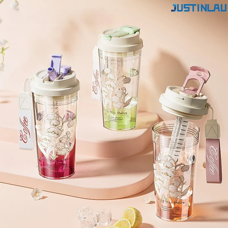 JUSTINLAU 600ml Lily Flower Tea Cup Tritan Straw Cup with Carrying Rope Exquisite Portable Women's Cup for Home and Office Use