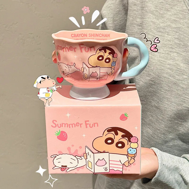 Crayon Shinchan Cute Ceramic Mug High Aesthetic Pink Cartoon Pattern For Women Office Coffee Milk Drinking Perfect Birthday Gift
