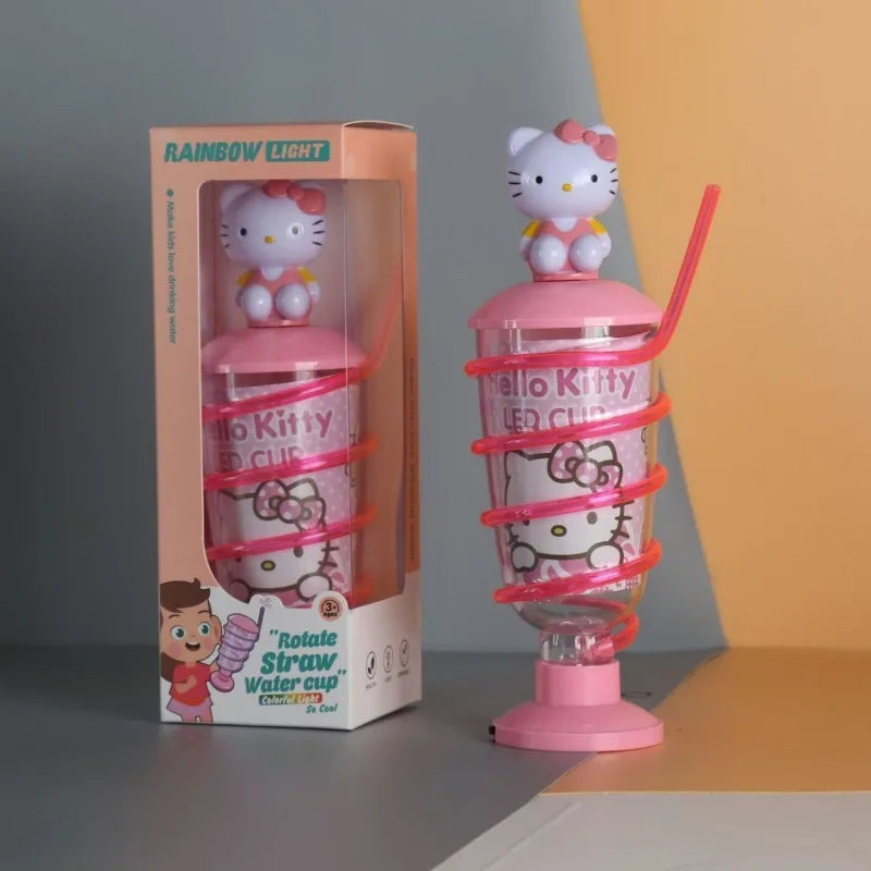 Anime Kawaii Hello Kitty Light Up Rotating Straw Water Bottle for Kids Trendy Aesthetic Ins Style Glow Cup for Children Lovely