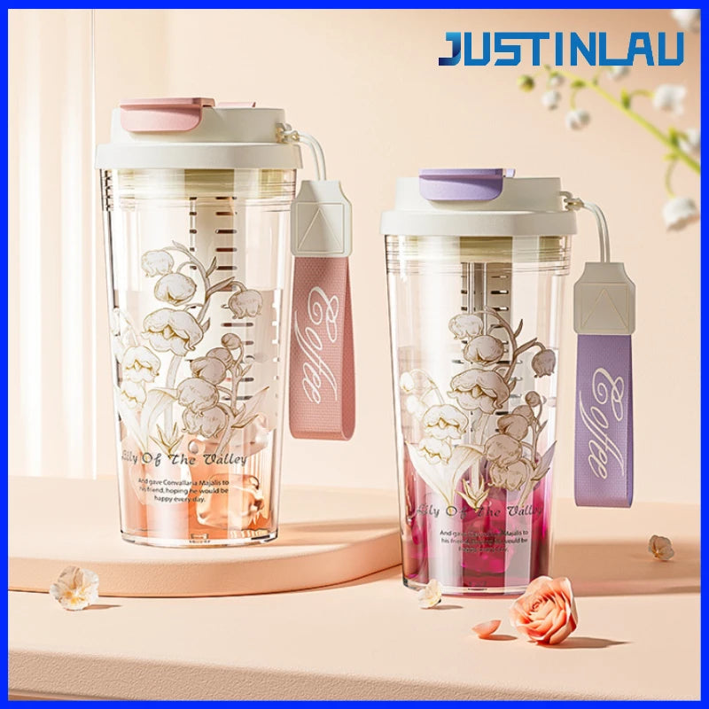 JUSTINLAU 600ml Lily Flower Tea Cup Tritan Straw Cup with Carrying Rope Exquisite Portable Women's Cup for Home and Office Use