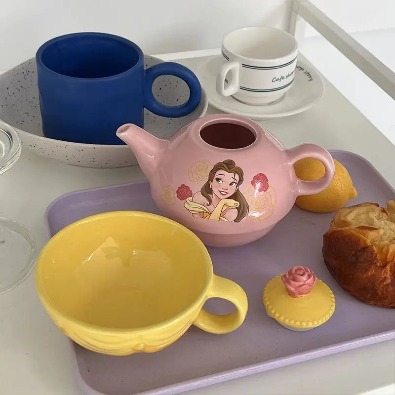 Disney Belle Princess Ceramic Tea Set Mermaid Themed Teapot with Cup Cartoon Gift for Kids Birthday Party Collectible