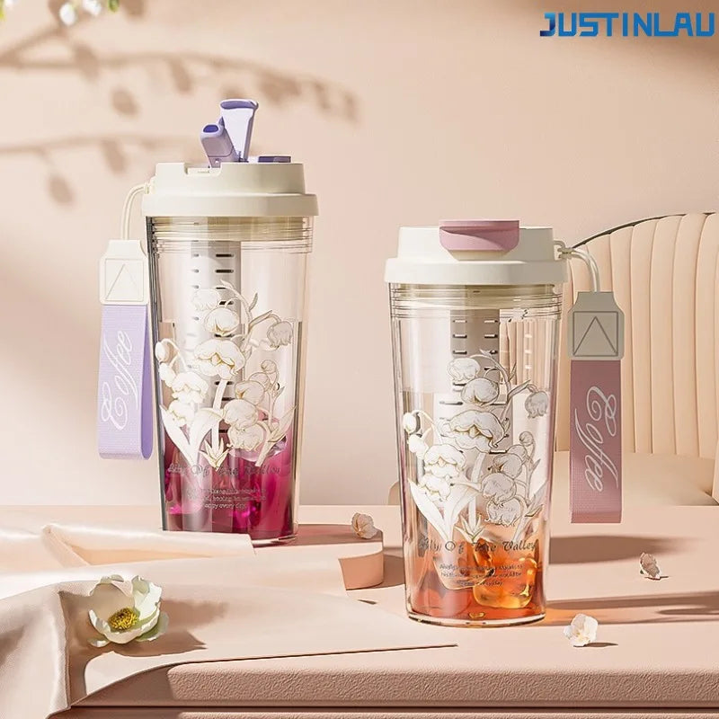 JUSTINLAU 600ml Lily Flower Tea Cup Tritan Straw Cup with Carrying Rope Exquisite Portable Women's Cup for Home and Office Use