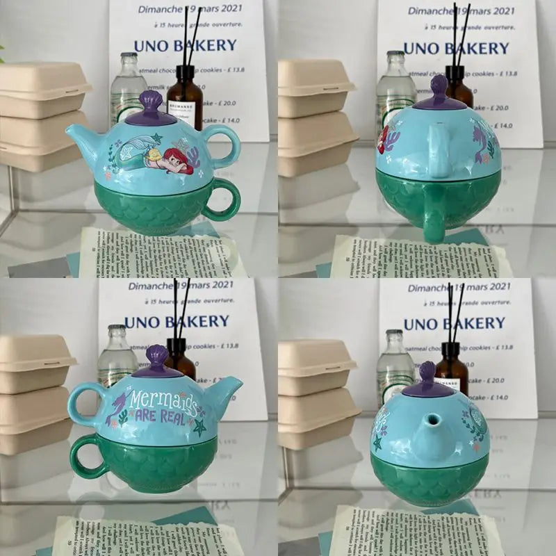 Disney Belle Princess Ceramic Tea Set Mermaid Themed Teapot with Cup Cartoon Gift for Kids Birthday Party Collectible