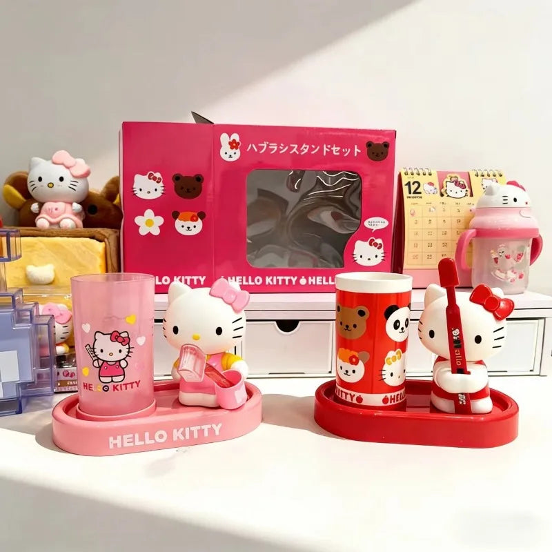 Anime Cute Cartoon Hello Kitty Mouthwash Cup Toothbrush Holder Rack Three Piece Set Gift Box Bathroom Toilet Toothbrush Kawaii