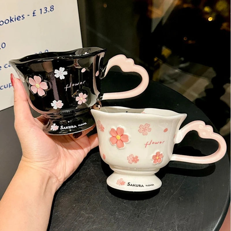 Sakura Ceramic Mug with Spoon 3D Flower Relief Cute Kawaii Pink Cup for Home Office Desk Valentine Gift